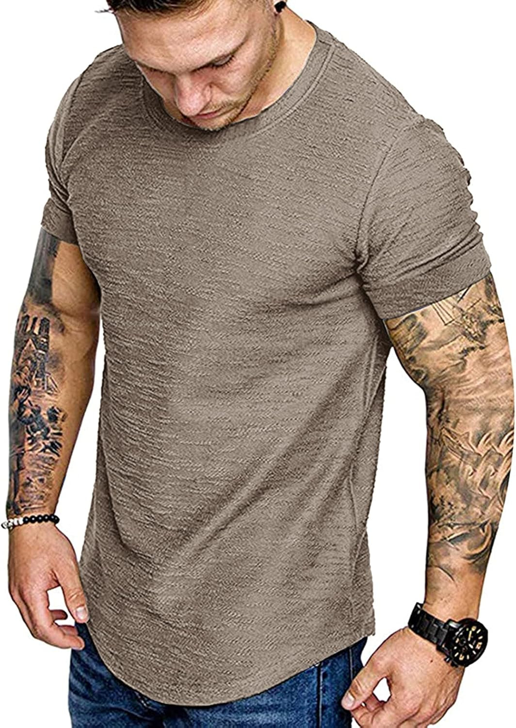 Men Workout T Shirt Cotton Running Short Sleeve Longline Solid Tee Top Brown