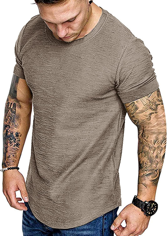 Men Workout T Shirt Cotton Running Short Sleeve Longline Solid Tee Top Brown