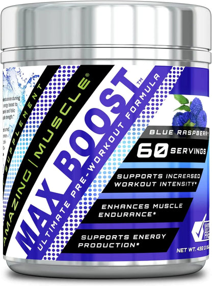 Max Boost Pre-Workout Formula, 60 Servings- Sucralose - Blue Raspberry