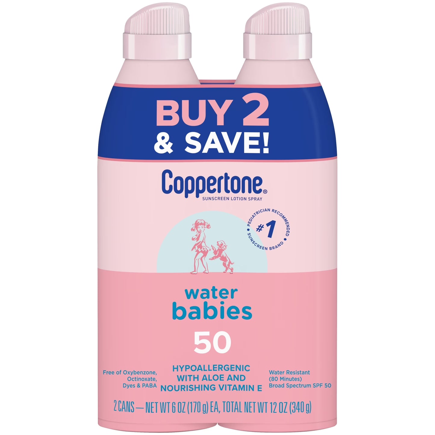 Waterbabies Sunscreen Spray, SPF 50 Baby Sunscreen, 6 Oz, Pack of 2