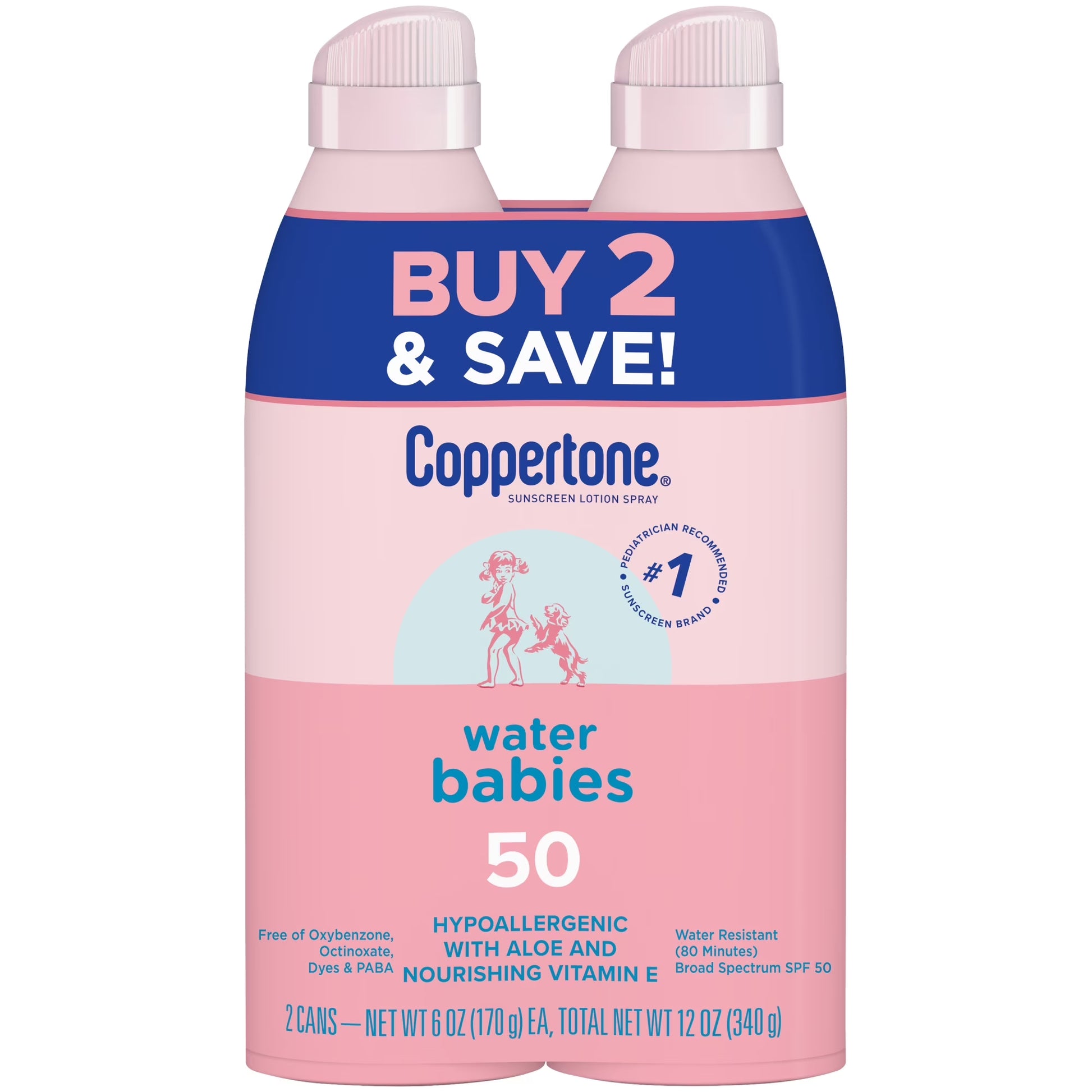 Waterbabies Sunscreen Spray, SPF 50 Baby Sunscreen, 6 Oz, Pack of 2